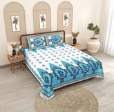 Traditional Jaipuri Print Cotton Double Bedsheet with 2 Pillowcases - Blue & White Pattern
